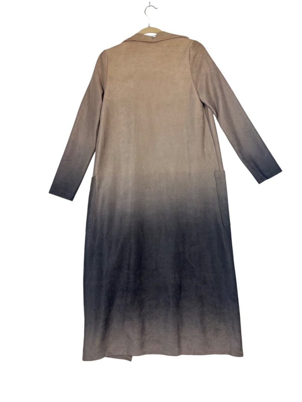 Trac M Duster Open Front Jacket Top Faux Suede Ombre Pockets Beige Gray Gradient - Picture 5 of 7